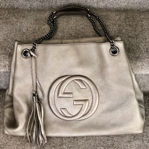 Gucci Soho Tote Bag Leather Silver $2300 Exc Cond!